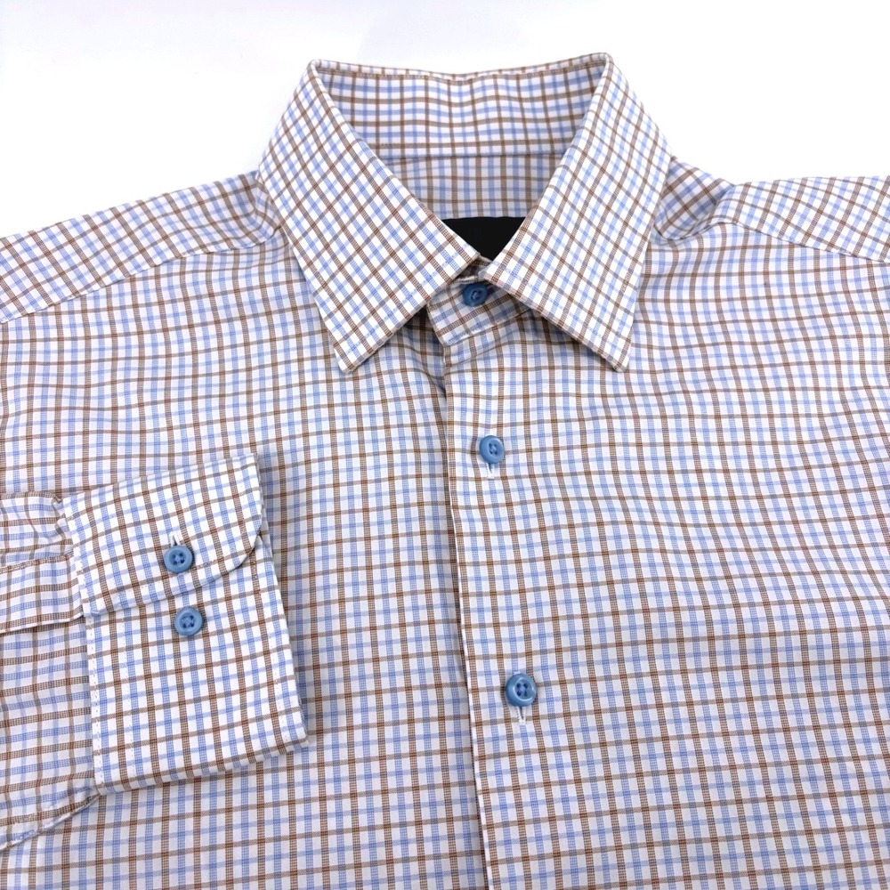 David Donahue‎ Mens 16 34/35 Blue Brown Check Cotton Button Down Dress Shirt
